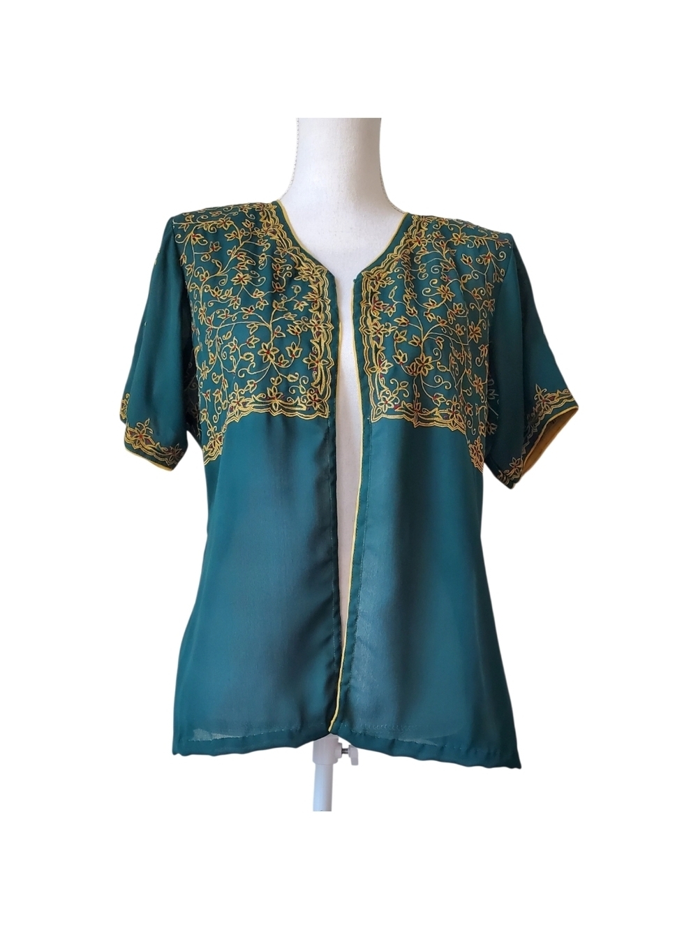 Sheer Emerald Green Floral Embroidered Kimono Top Short Sleeve Open Front Boho